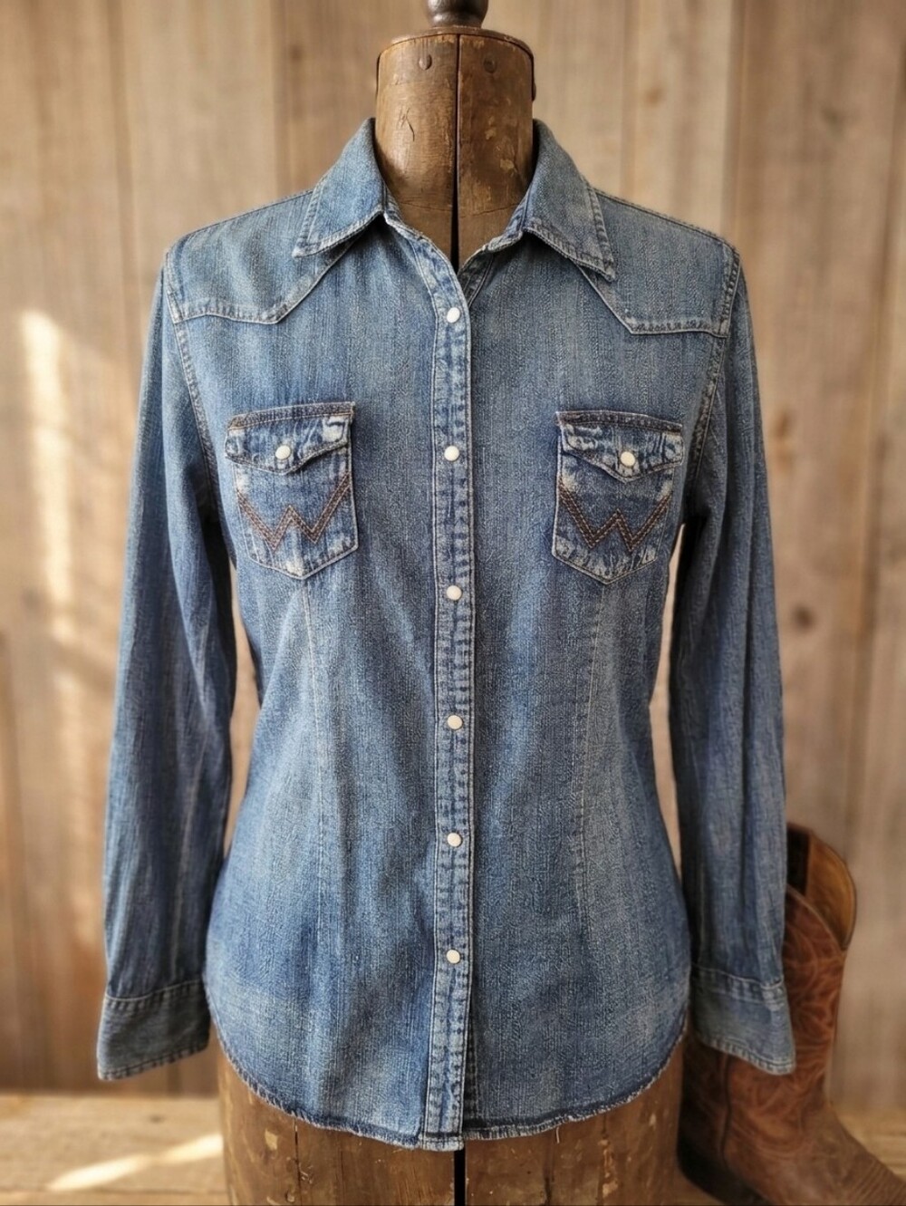 Wrangler Retro Pearl Snap Denim Western Shirt Medium Wash Sz XL